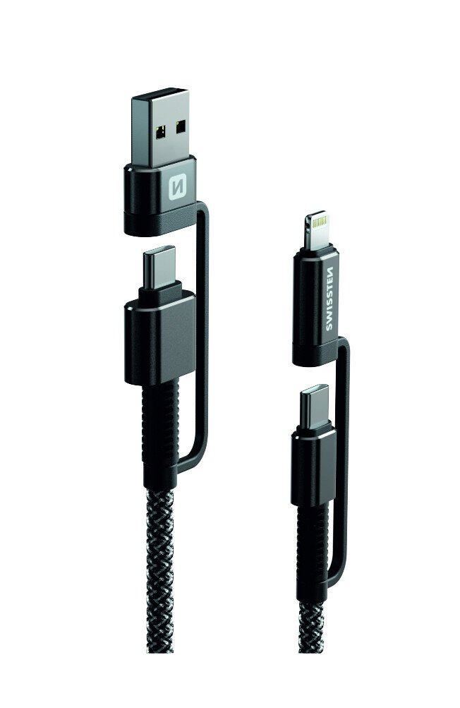 Cablu Date Swissten Kevlar 4in1 USB-A + USB-C/Lightning + USB-C 60W 3A 1.5m Gri thumb