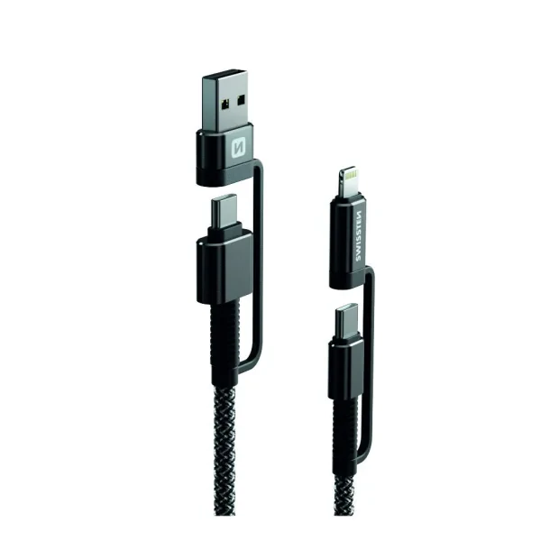 Cablu Date Swissten Kevlar 4in1 USB-A + USB-C/Lightning + USB-C 60W 3A 1.5m Gri