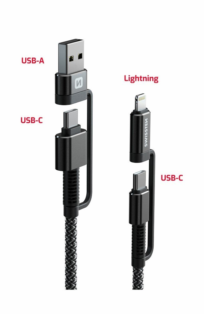 Cablu Date Swissten Kevlar 4in1 USB-A + USB-C/Lightning + USB-C 60W 3A 1.5m Gri thumb