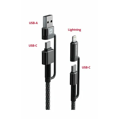 Cablu Date Swissten Kevlar 4in1 USB-A + USB-C/Lightning + USB-C 60W 3A 1.5m Gri