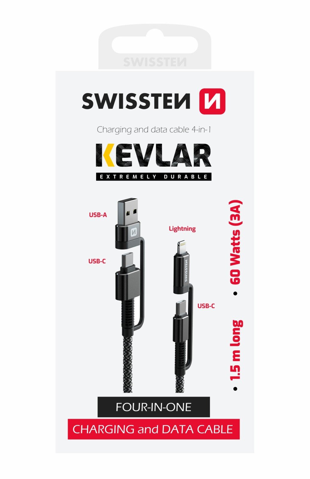 Cablu Date Swissten Kevlar 4in1 USB-A + USB-C/Lightning + USB-C 60W 3A 1.5m Gri thumb