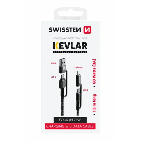 Cablu Date Swissten Kevlar 4in1 USB-A + USB-C/Lightning + USB-C 60W 3A 1.5m Gri