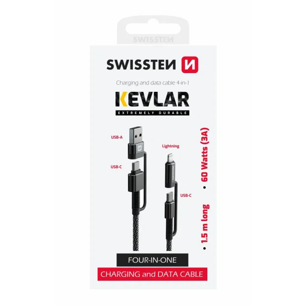 Cablu Date Swissten Kevlar 4in1 USB-A + USB-C/Lightning + USB-C 60W 3A 1.5m Gri