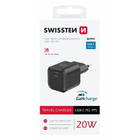 Incarcator Retea Swissten GaN 1x USB-C 20WPD, Negru