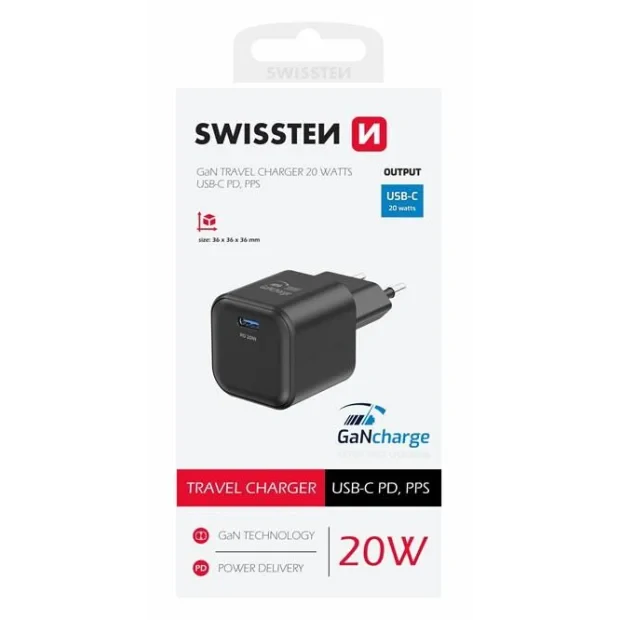 Incarcator Retea Swissten GaN 1x USB-C 20WPD, Negru