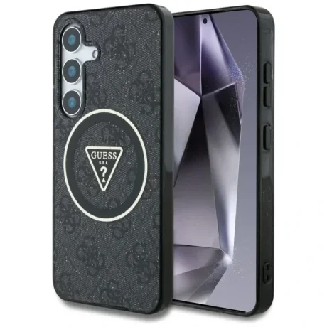 Husa Guess IML 4G Glitter and Triangle Logo MagSafe pentru  Samsung Galaxy S25 Negru
