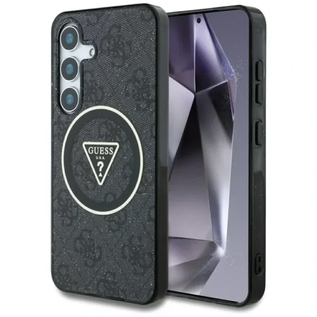 Husa Guess IML 4G Glitter and Triangle Logo MagSafe pentru  Samsung Galaxy S25 Negru
