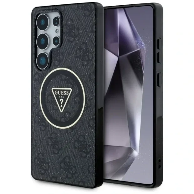 Husa Guess IML 4G Glitter and Triangle Logo MagSafe pentru Samsung Galaxy S25 Ultra Negru