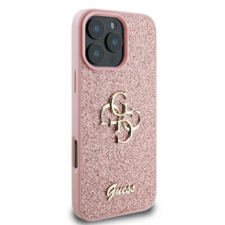 Husa Spate Guess PU Fixed Glitter 4G Metal Logo pentru iPhone 16 Pro Roz