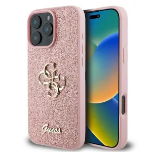 Husa Spate Guess PU Fixed Glitter 4G Metal Logo pentru iPhone 16 Pro Roz
