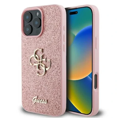 Husa Spate Guess PU Fixed Glitter 4G Metal Logo pentru iPhone 16 Pro Roz