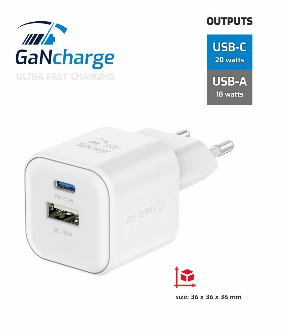 Incarcator Retea Swissten GaN 1x USB-C 20W 1xUSB-A 18W Alb thumb