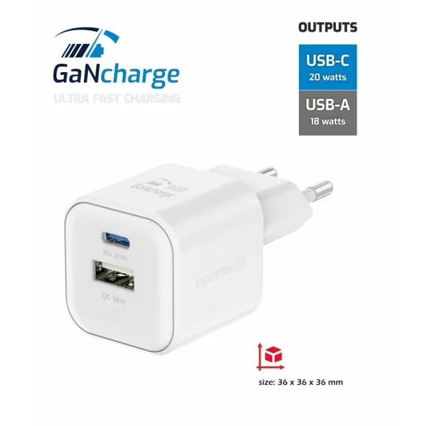 Incarcator Retea Swissten GaN 1x USB-C 20W 1xUSB-A 18W Alb