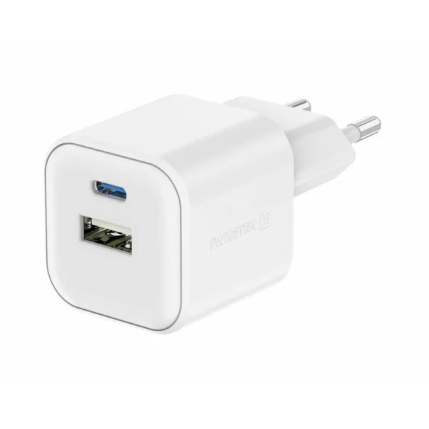 Incarcator Retea Swissten GaN 1x USB-C 20W 1xUSB-A 18W Alb