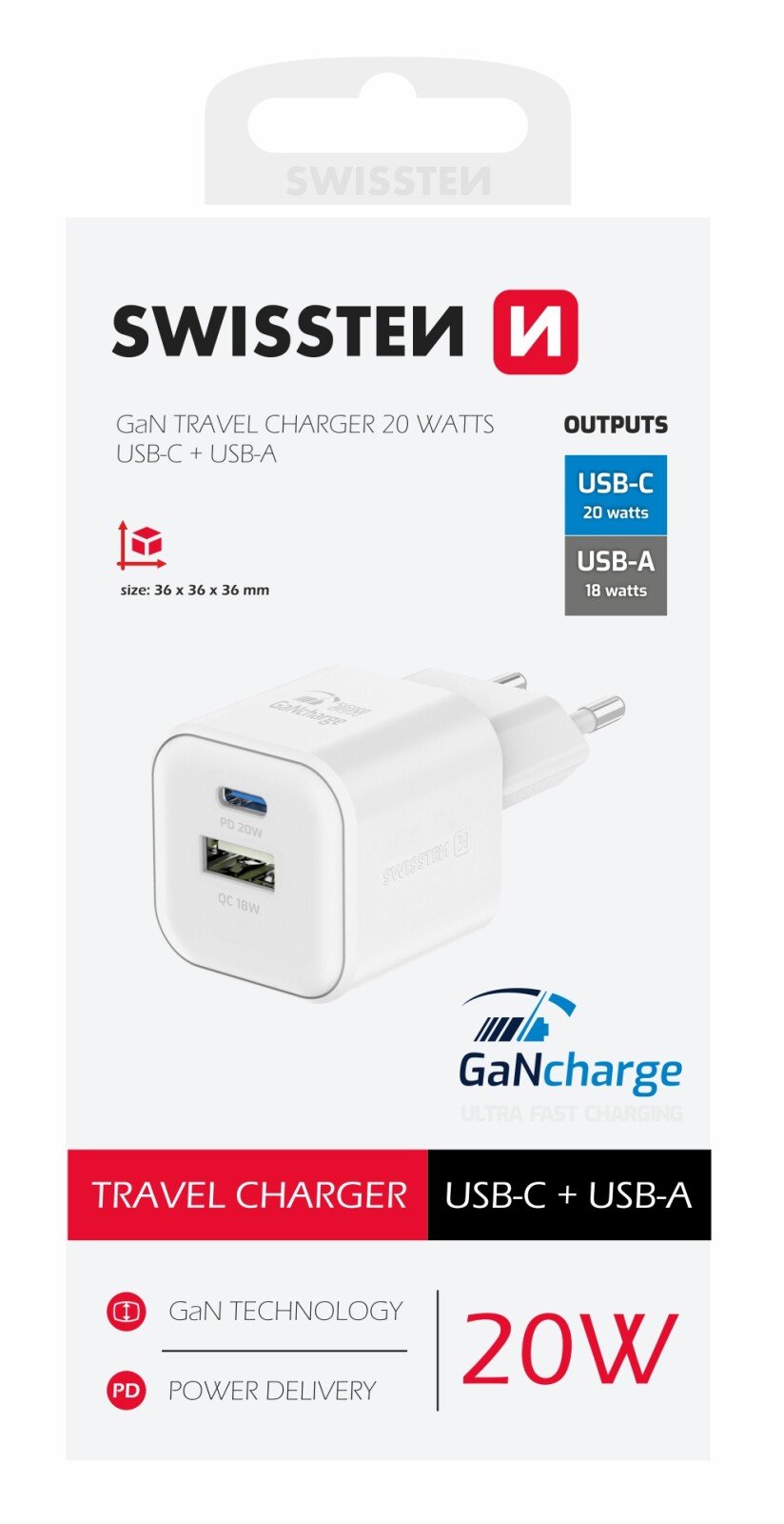 Incarcator Retea Swissten GaN 1x USB-C 20W 1xUSB-A 18W Alb thumb