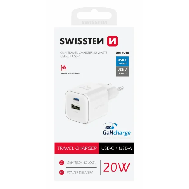 Incarcator Retea Swissten GaN 1x USB-C 20W 1xUSB-A 18W Alb