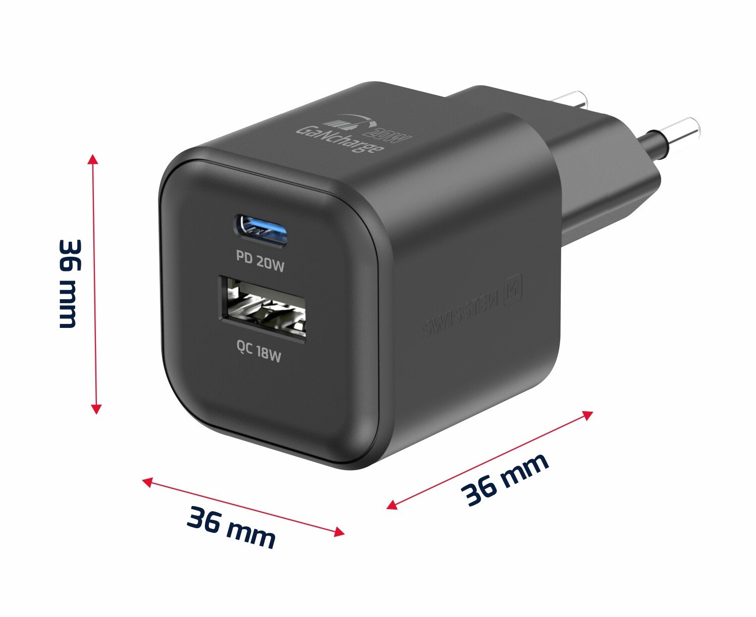 Incarcator Retea Swissten GaN 1x USB-C 20W 1xUSB-A 18W Negru thumb
