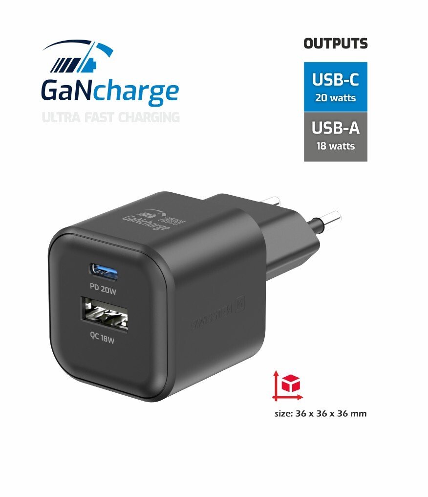 Incarcator Retea Swissten GaN 1x USB-C 20W 1xUSB-A 18W Negru thumb