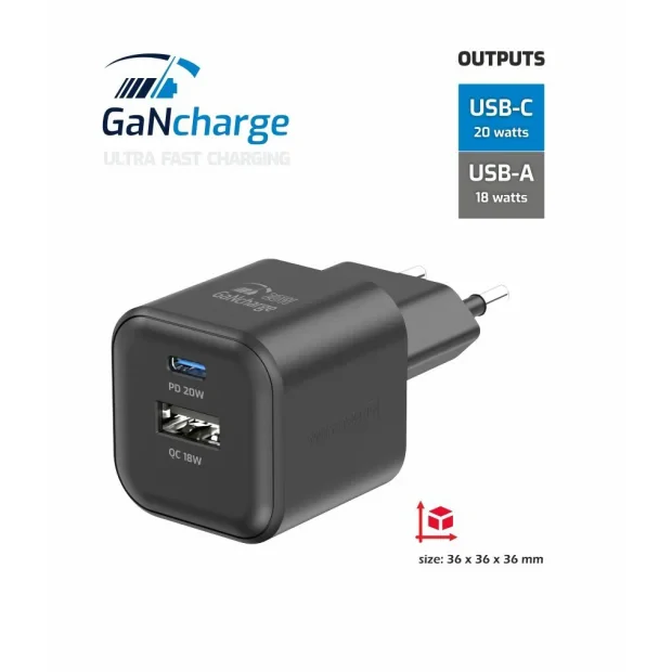 Incarcator Retea Swissten GaN 1x USB-C 20W 1xUSB-A 18W Negru