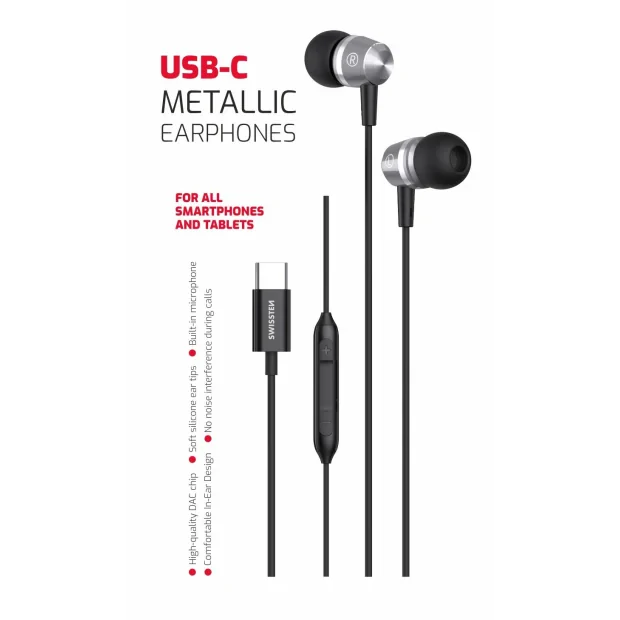 Casti Audio cu Fir Swissten Metallic USB-C Negru
