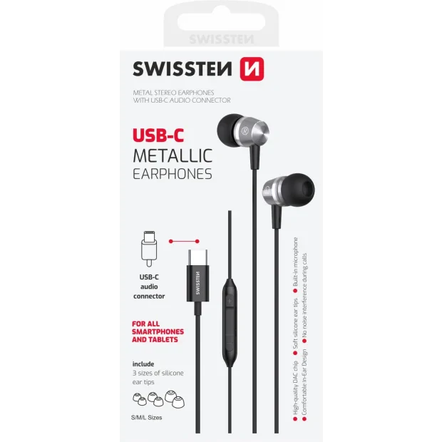 Casti Audio cu Fir Swissten Metallic USB-C Negru