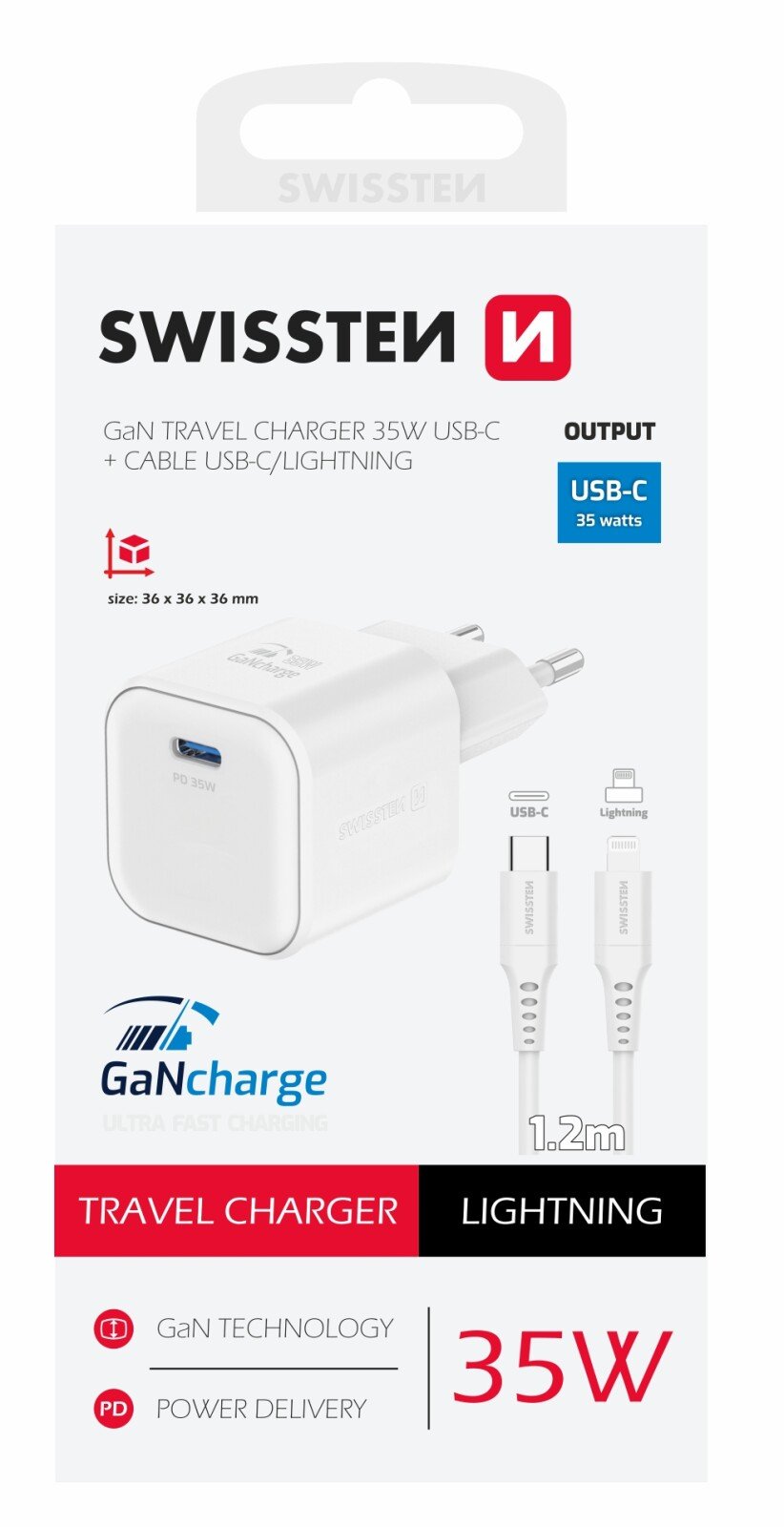 Incarcator Retea Swissten GaN 1x USB-C 35W cablu USB-C/Lightning 1.2m Alb thumb