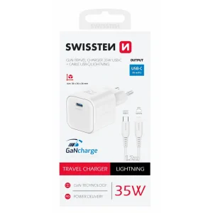 Incarcator Retea Swissten GaN 1x USB-C 35W cablu USB-C/Lightning 1.2m Alb
