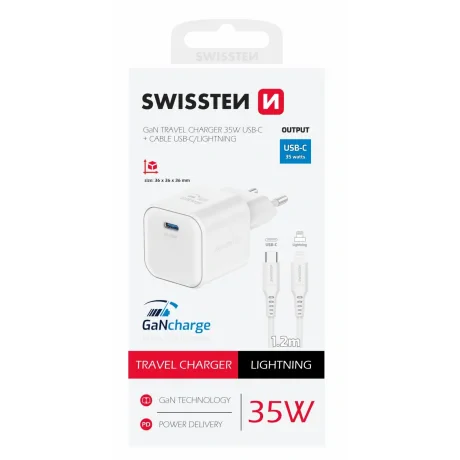 Incarcator Retea Swissten GaN 1x USB-C 35W cablu USB-C/Lightning 1.2m Alb