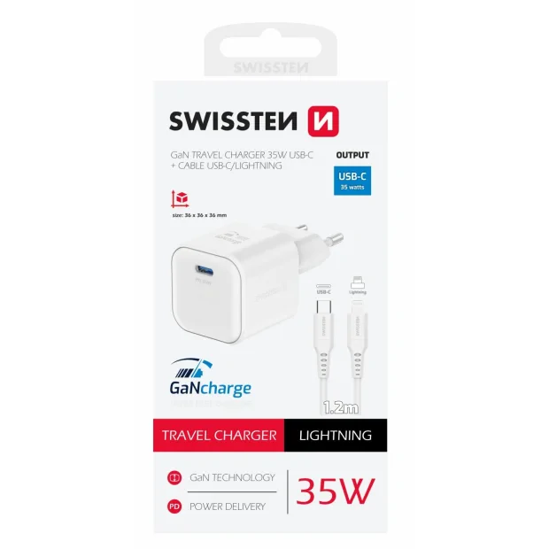 Incarcator Retea Swissten GaN 1x USB-C 35W cablu USB-C/Lightning 1.2m Alb