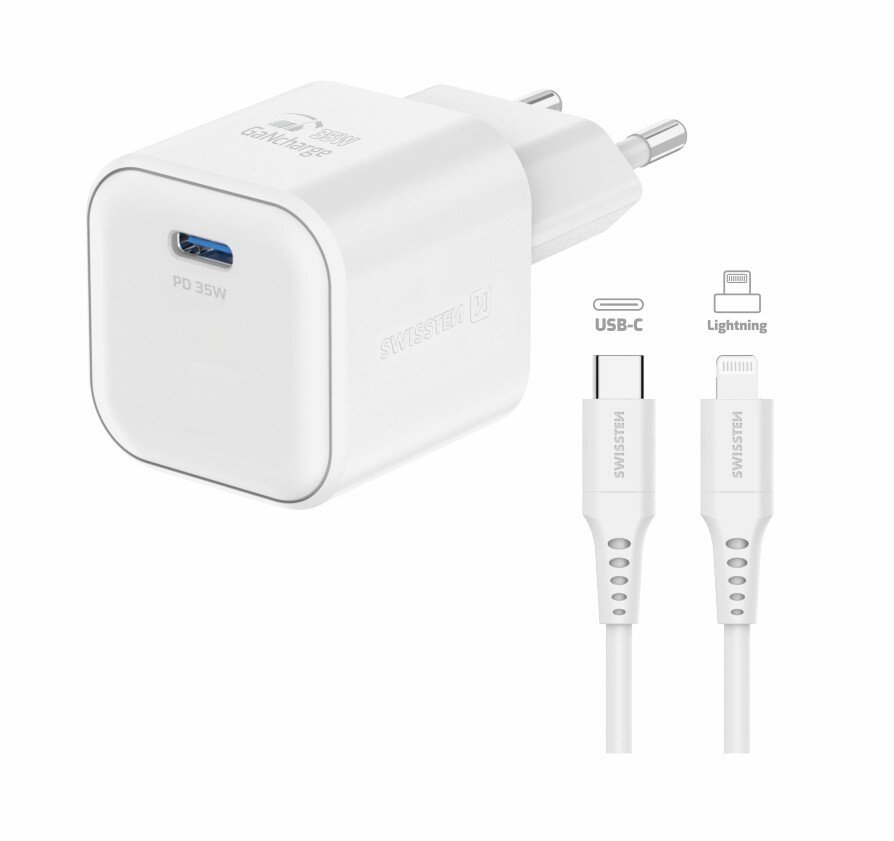 Incarcator Retea Swissten GaN 1x USB-C 35W cablu USB-C/Lightning 1.2m Alb thumb