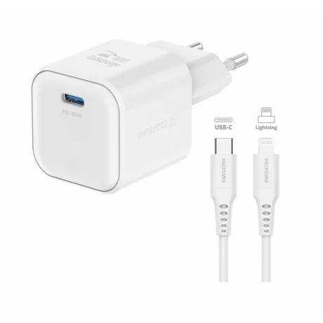Incarcator Retea Swissten GaN 1x USB-C 35W cablu USB-C/Lightning 1.2m Alb