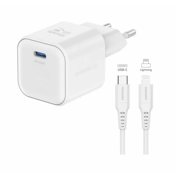 Incarcator Retea Swissten GaN 1x USB-C 35W cablu USB-C/Lightning 1.2m Alb