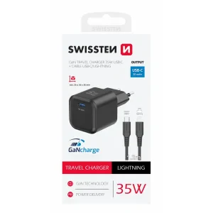 Incarcator Retea Swissten GaN 1x USB-C 35W cablu USB-C/Lightning 1.2m Negru