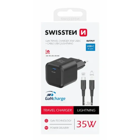Incarcator Retea Swissten GaN 1x USB-C 35W cablu USB-C/Lightning 1.2m Negru