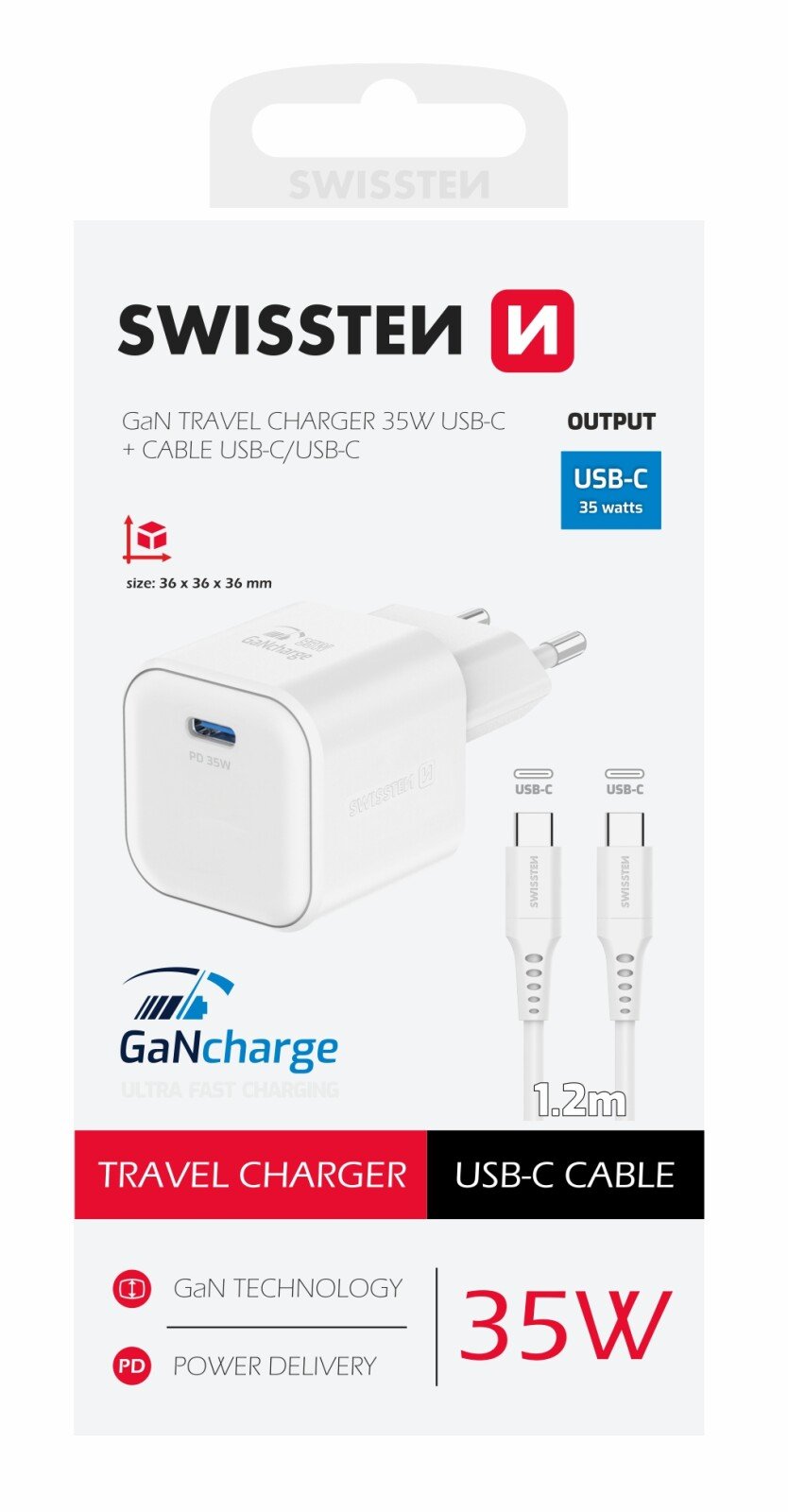 Incarcator Retea Swissten GaN 1x USB-C 35W cablu USB-C/USB-C 1.2m Alb thumb