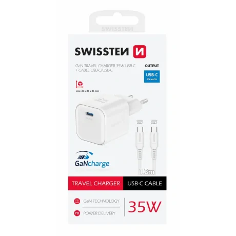 Incarcator Retea Swissten GaN 1x USB-C 35W cablu USB-C/USB-C 1.2m Alb