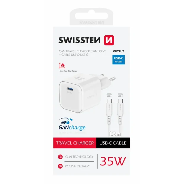 Incarcator Retea Swissten GaN 1x USB-C 35W cablu USB-C/USB-C 1.2m Alb