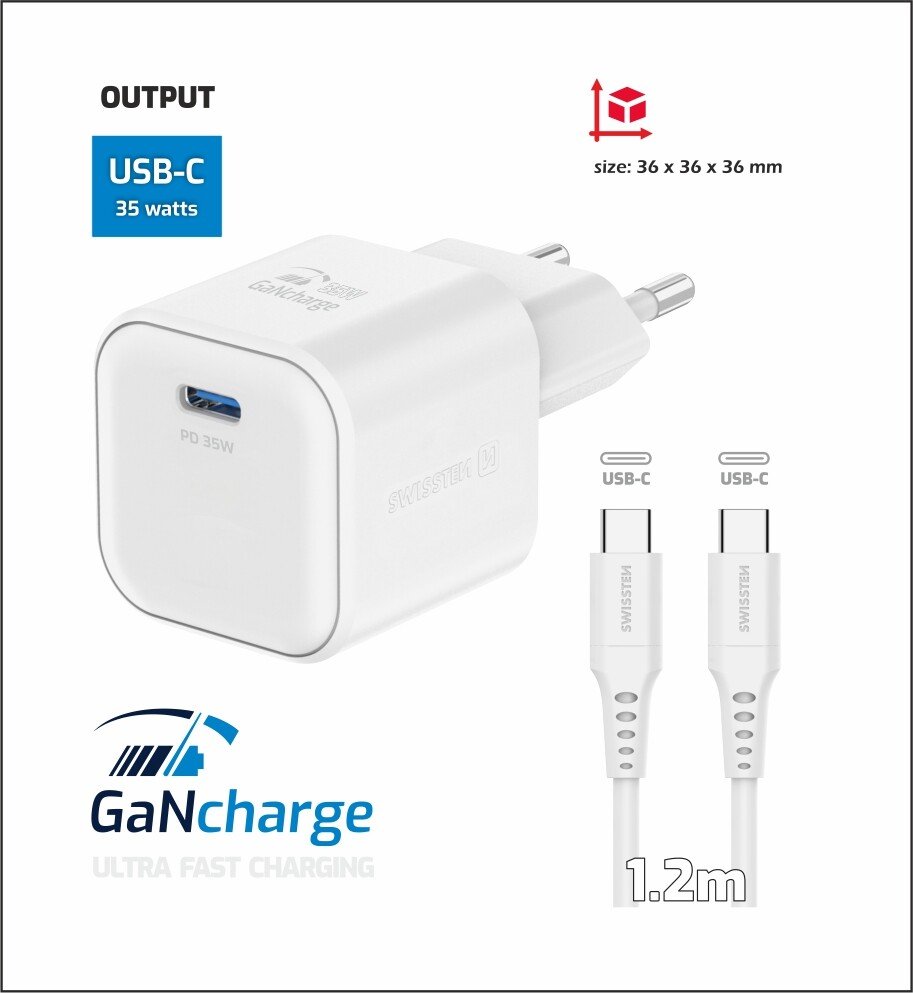 Incarcator Retea Swissten GaN 1x USB-C 35W cablu USB-C/USB-C 1.2m Alb thumb