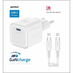 Incarcator Retea Swissten GaN 1x USB-C 35W cablu USB-C/USB-C 1.2m Alb