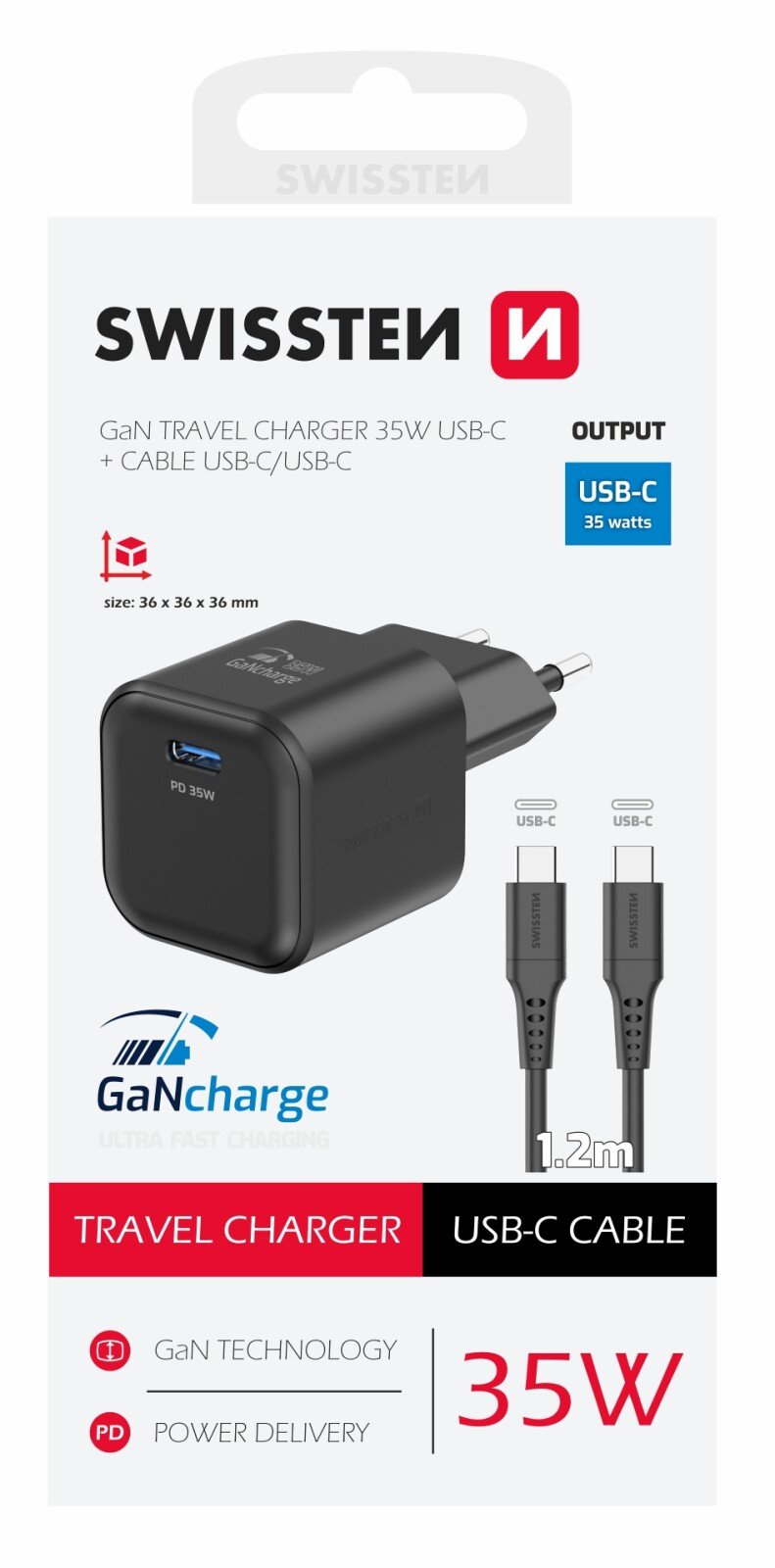 Incarcator Retea Swissten GaN 1x USB-C 35W cablu USB-C/USB-C 1.2m Negru thumb