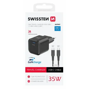 Incarcator Retea Swissten GaN 1x USB-C 35W cablu USB-C/USB-C 1.2m Negru