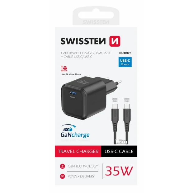 Incarcator Retea Swissten GaN 1x USB-C 35W cablu USB-C/USB-C 1.2m Negru