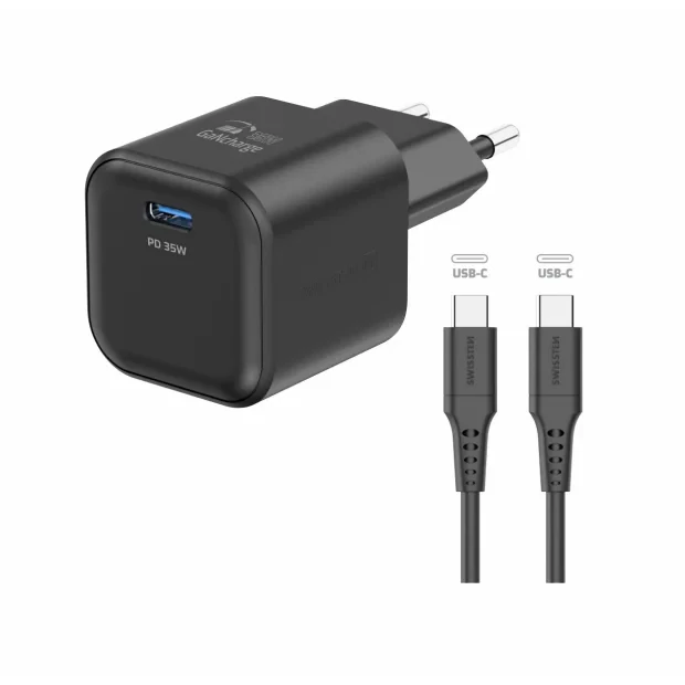Incarcator Retea Swissten GaN 1x USB-C 35W cablu USB-C/USB-C 1.2m Negru
