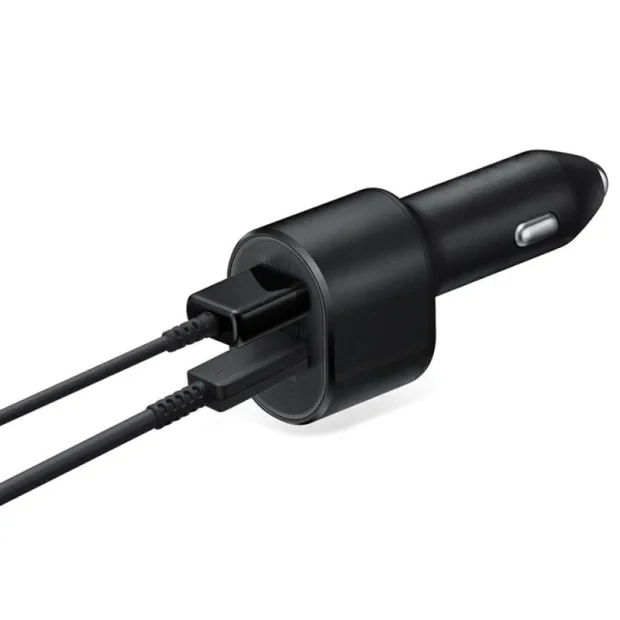 Set Incarcator Auto + Cablu Type-C to Type-C compatibil cu Samsung  1xUSB Type C 45W  1xUSB 15W Negru