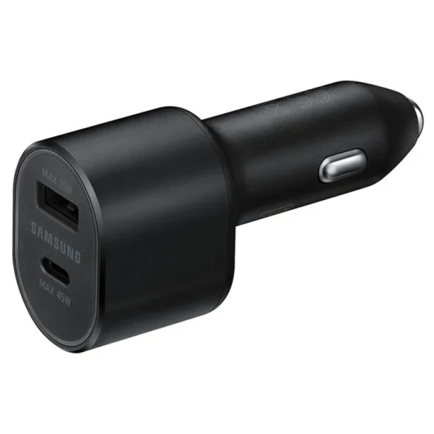 Set Incarcator Auto + Cablu Type-C to Type-C compatibil cu Samsung  1xUSB Type C 45W  1xUSB 15W Negru