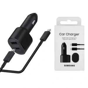 Set Incarcator Auto + Cablu Type-C to Type-C compatibil cu Samsung  1xUSB Type C 45W  1xUSB 15W Negru