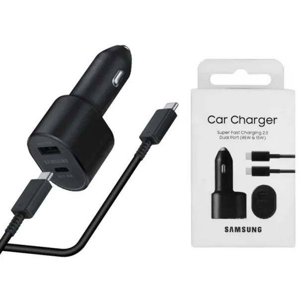 Set Incarcator Auto + Cablu Type-C to Type-C compatibil cu Samsung  1xUSB Type C 45W  1xUSB 15W Negru