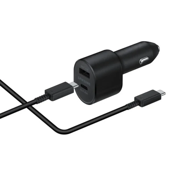 Set Incarcator Auto + Cablu Type-C to Type-C compatibil cu Samsung  1xUSB Type C 45W  1xUSB 15W Negru