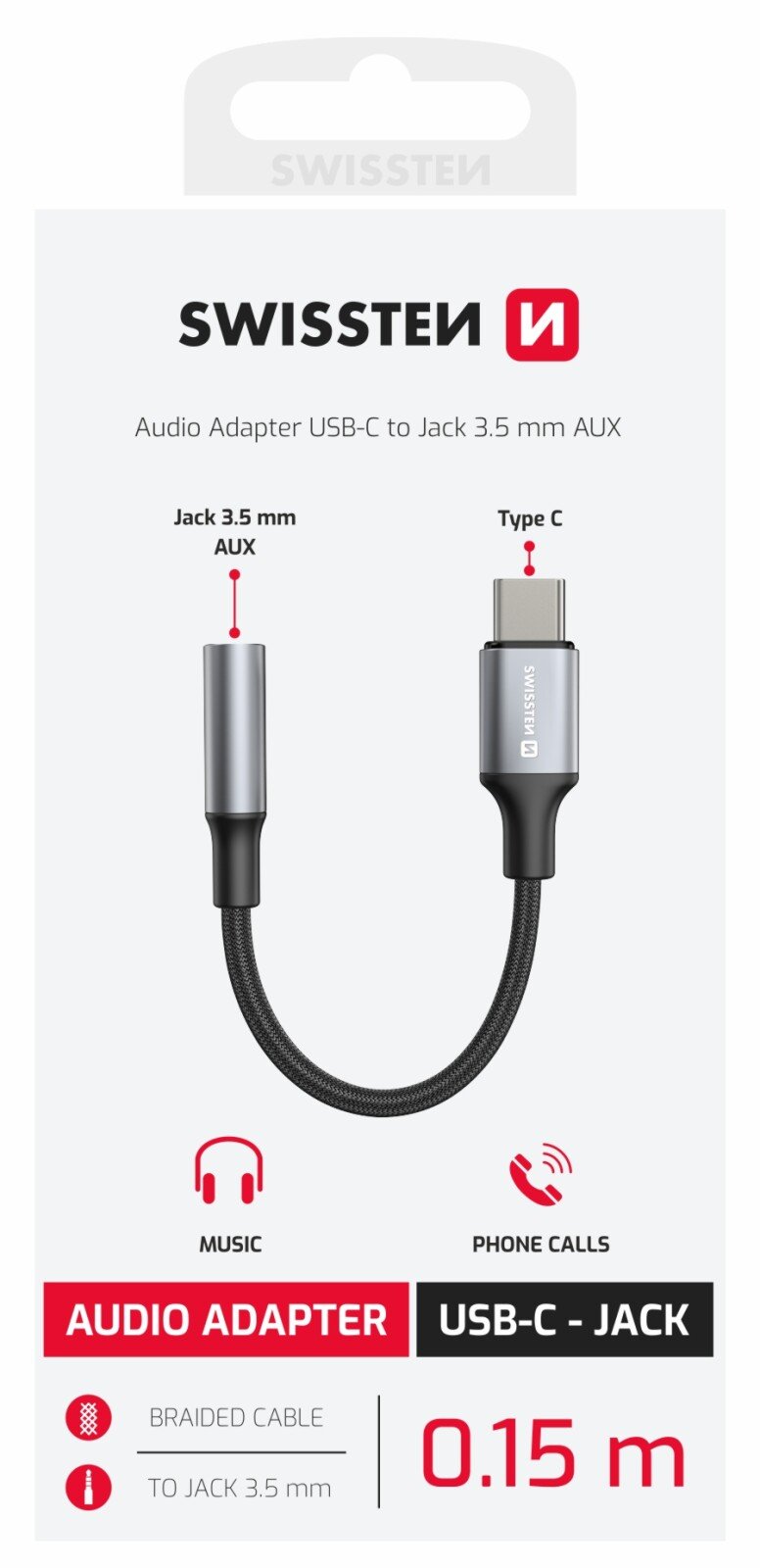 Adaptor Audio Swissten Usb-C la Jack 3.5mm 0.12m Negru/Gri thumb