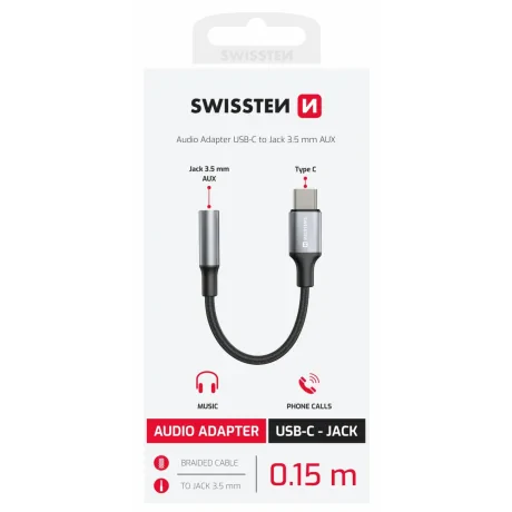 Adaptor Audio Swissten Usb-C la Jack 3.5mm 0.12m Negru/Gri